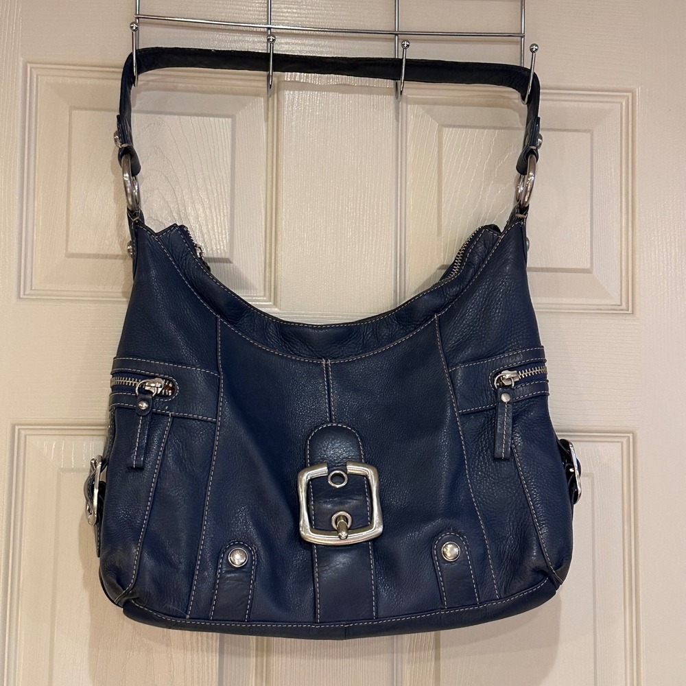 B. Makowsky Navy Blue Pebbled Leather Hobo Shoulder Bag Buckle Detail Large